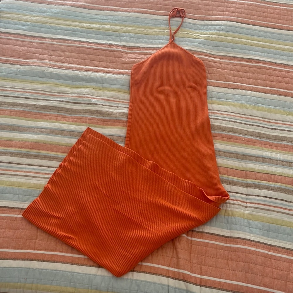 Orange knit halter midi dress